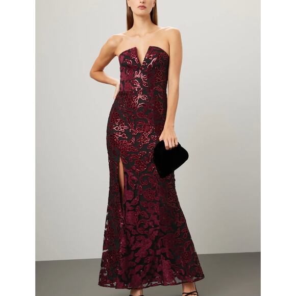 Dress the Population Black Floral Strapless Gown XS Bustier Sequin Designer $400 - Picture 1 of 13